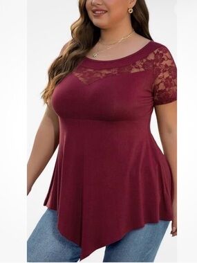 Shijiali Plus-Size Lace Yoke Asymmetrical Hem Tunic - Wine